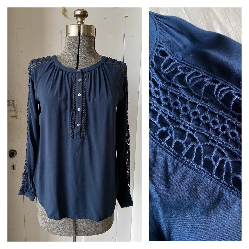 Ann Taylor LOFT Crochet Lace Insert Half button Blouse Top